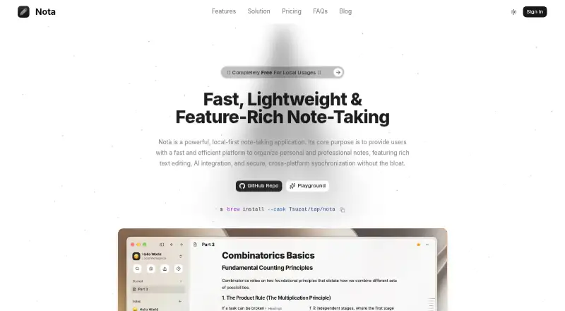 The Nota homepage