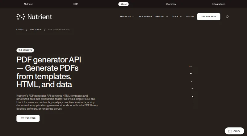 Nutrient PDF Generator API's website