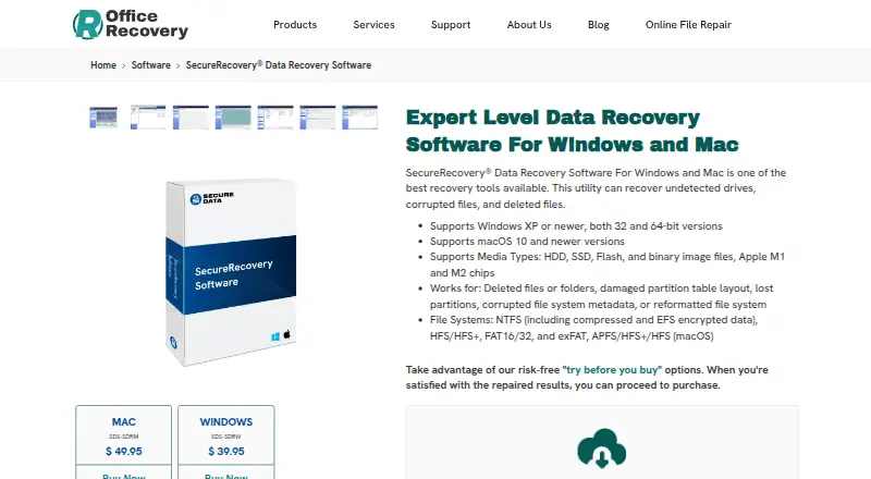SecureRecovery Data Recovery Software's website