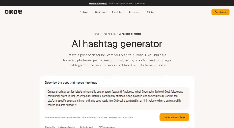 Okou Hashtag Generator's website