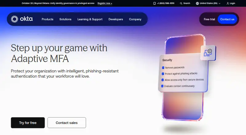 Okta Adaptive Multi-Factor Authentication's website