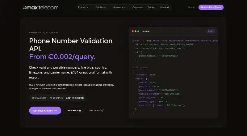 OmaxTelecom Phone Validation API's website