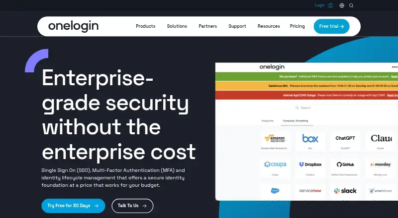 OneLogin Passwordless Authentication's website