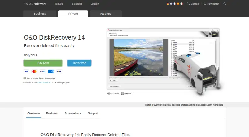 The O&O DiskRecovery homepage