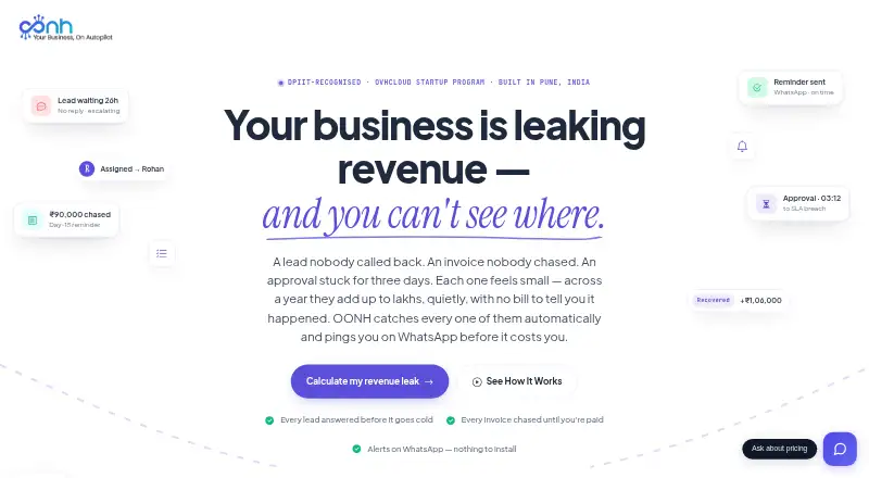 The OONH CRM homepage
