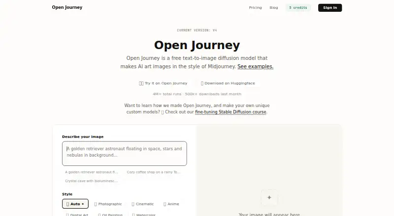 The OpenJourney homepage