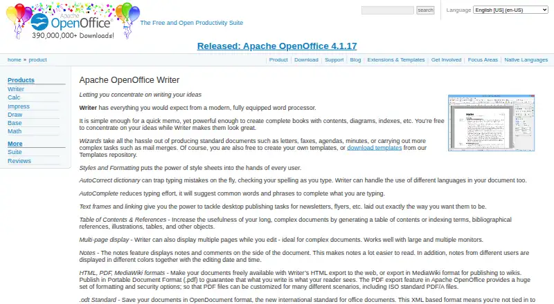 Apache OpenOffice Writer's website