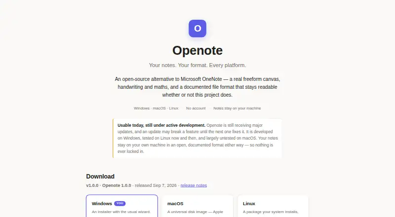 The Openote homepage