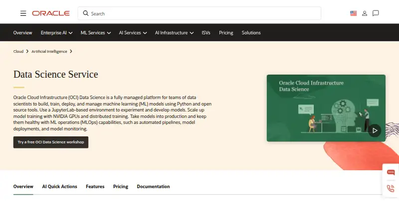 Oracle Cloud Infrastructure Data Science's website