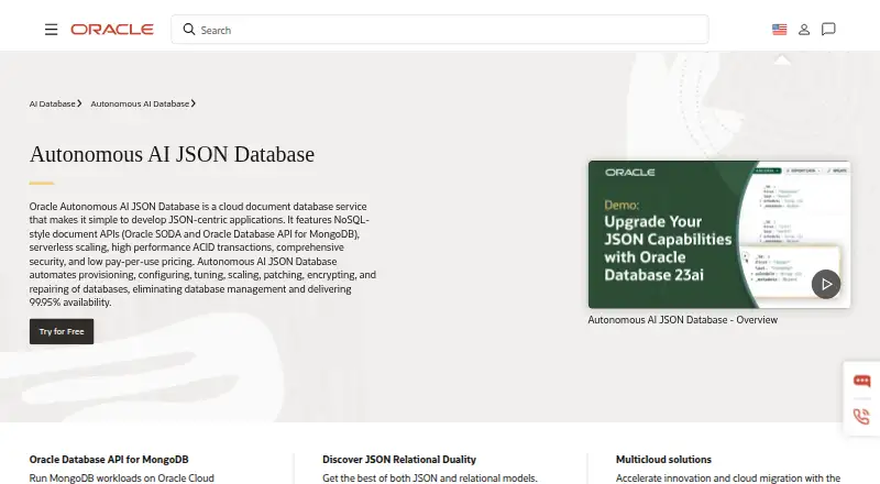 Oracle Autonomous AI JSON Database's website