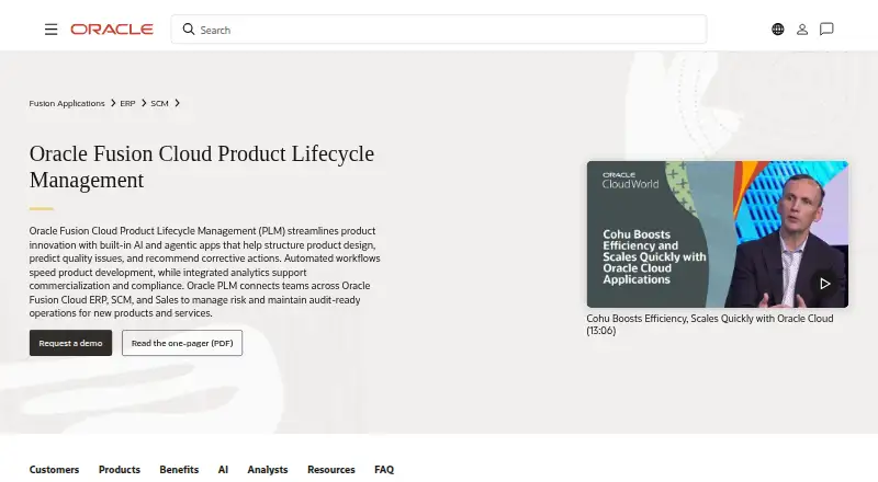 The Oracle Fusion Cloud PLM homepage