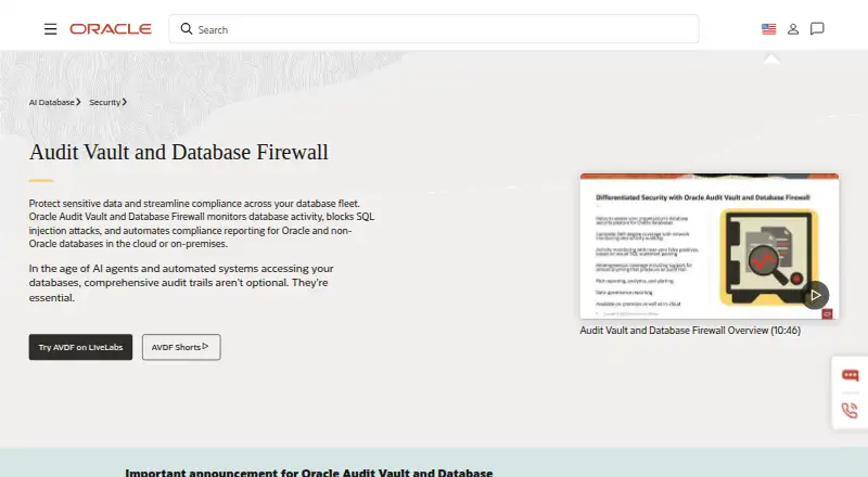 Oracle Audit Vault and Database Firewall's website