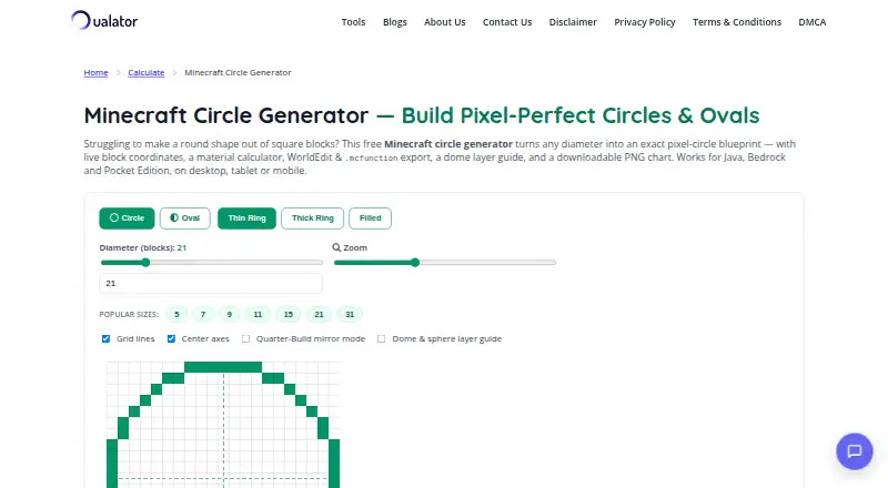 Oualator Minecraft Circle Generator's website