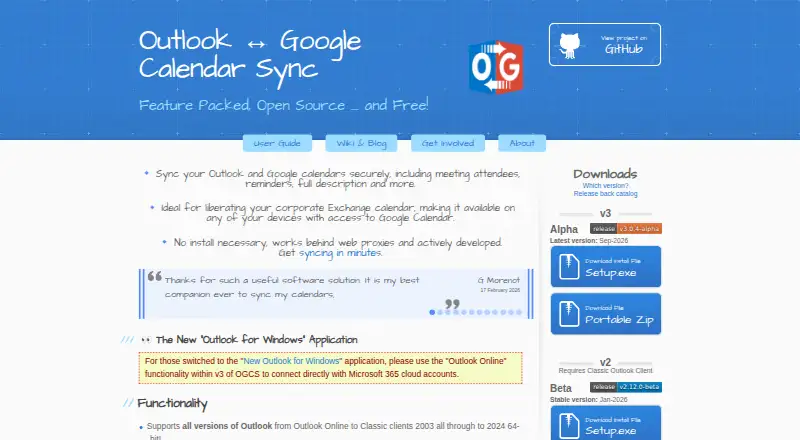 The Outlook Google Calendar Sync homepage