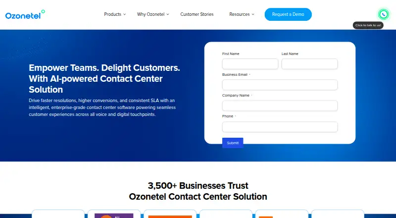 Ozonetel Cloud Contact Center's website