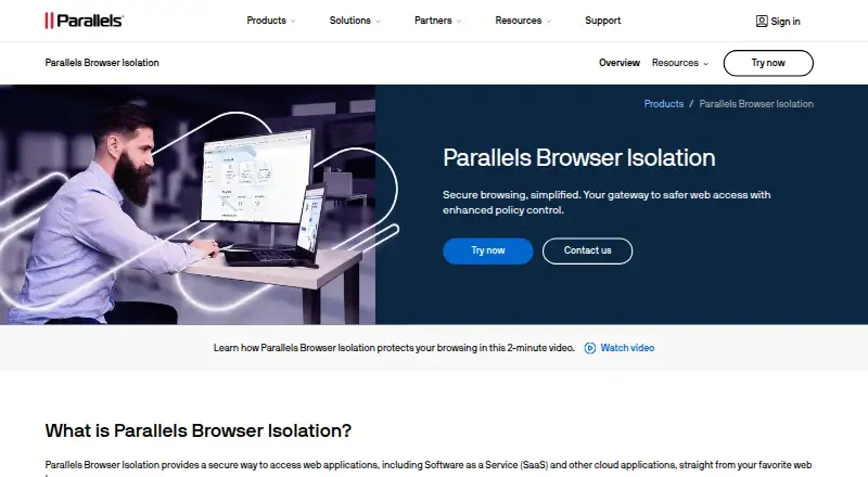 Parallels Browser Isolation's website