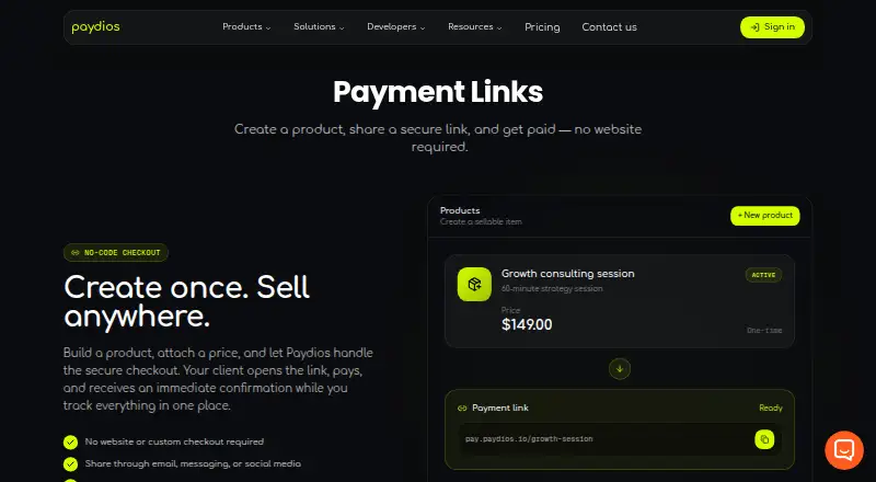 The Paydios Payment Links homepage