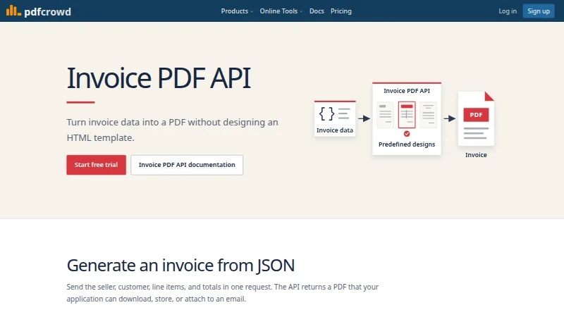 PDFCrowd Invoice PDF API's website