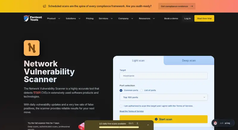 Pentest-Tools Network Vulnerability Scanner's website