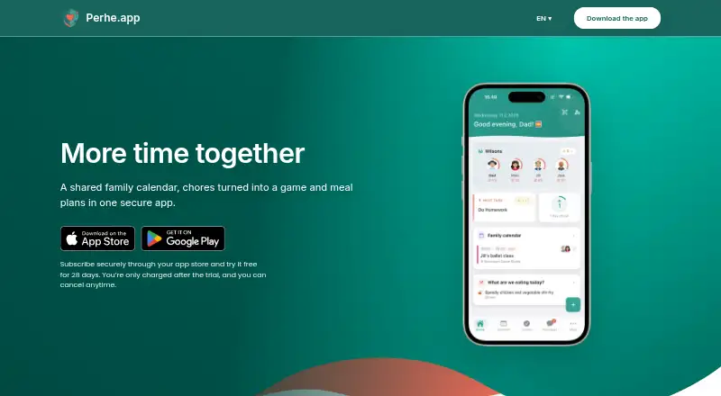The Perhe.app homepage
