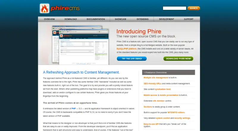 The Phire CMS homepage