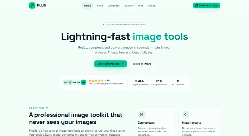 The PicLift homepage