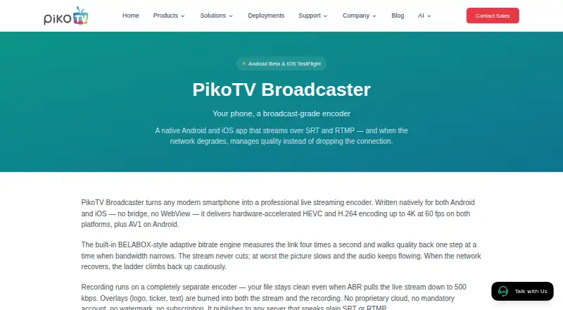 The PikoTV Broadcaster homepage