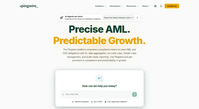 Pingwire AML Platform's website