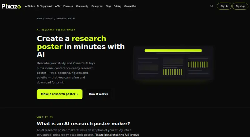 Pixazo AI Research Poster Maker's website
