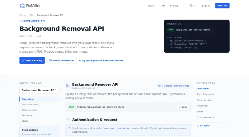 The PixMiller Background Remover API homepage
