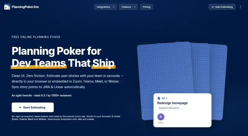 The PlanningPoker.live homepage