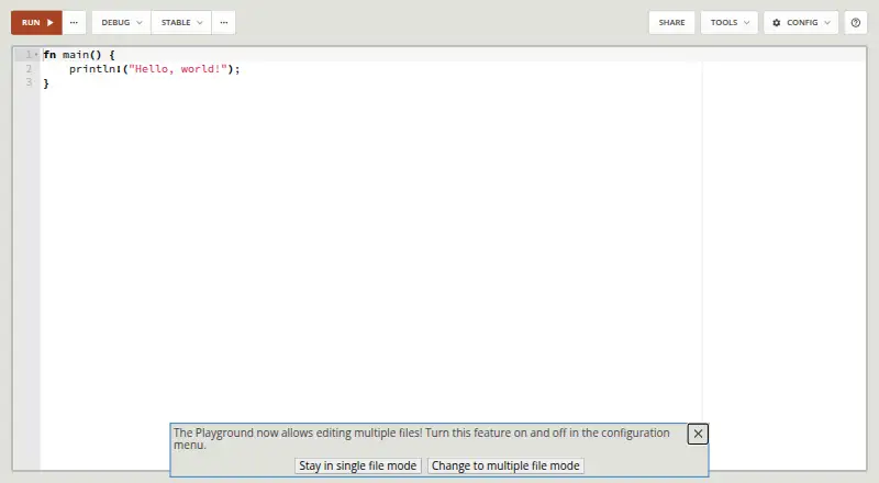 The Rust Playground homepage