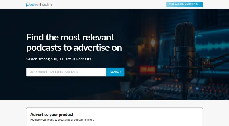 Podvertise Marketplace's website