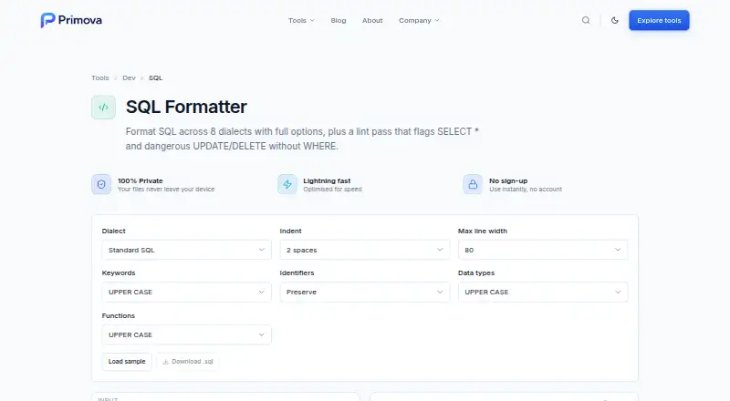 Primova SQL Formatter & Linter's website