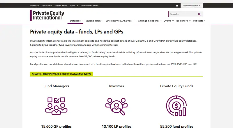 Private Equity International Data's website