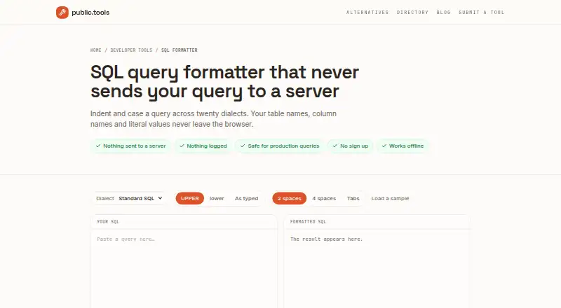 Public Tools SQL Formatter's website