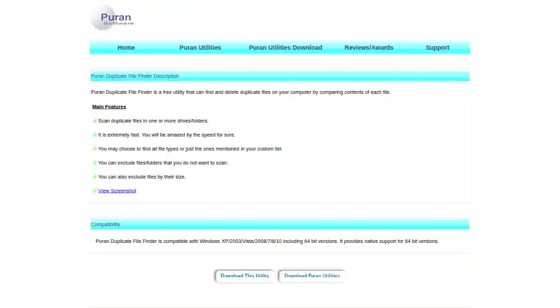Puran Duplicate File Finder's website