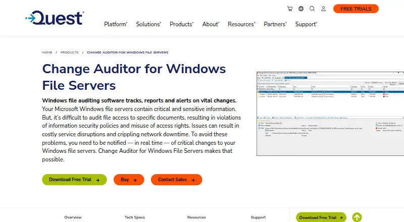 Quest Change Auditor for Windows File Servers's website