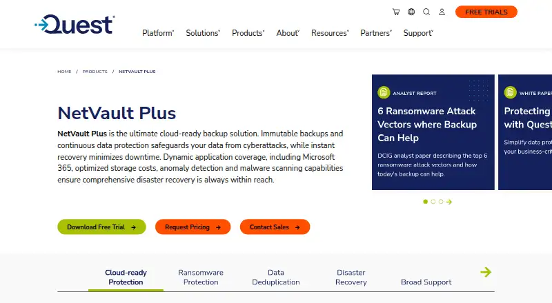 Quest NetVault Plus's website