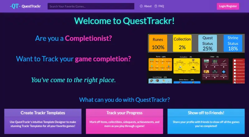 The QuestTrackr homepage