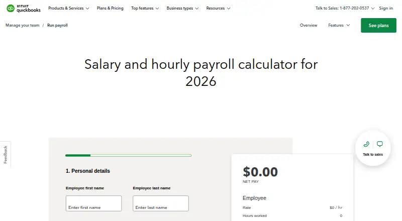QuickBooks Paycheck Calculator's website
