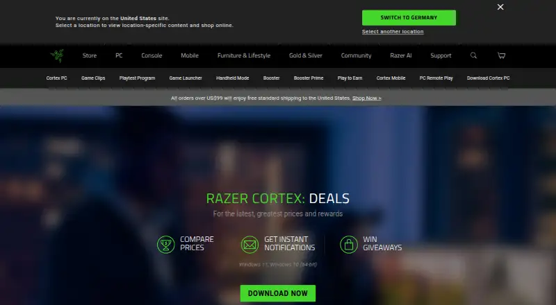Razer Cortex: Deals's website