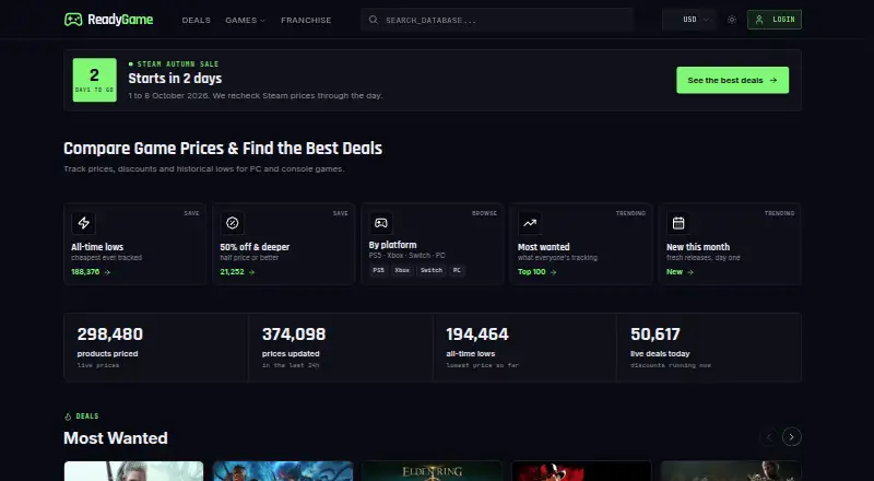 The ReadyGame homepage