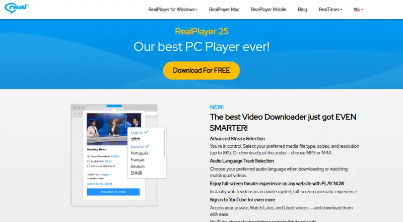 The RealPlayer homepage