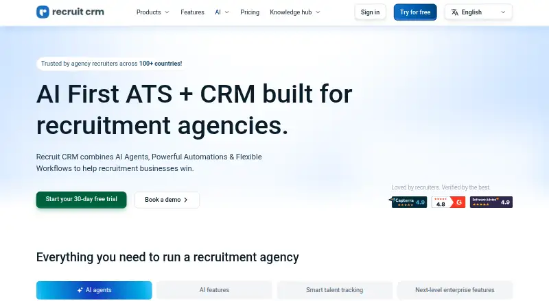 The Recruit CRM homepage