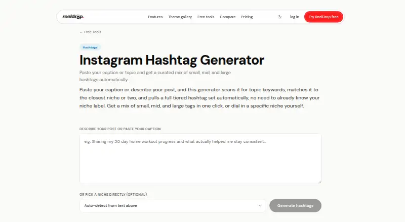 ReelDrop Hashtag Generator's website