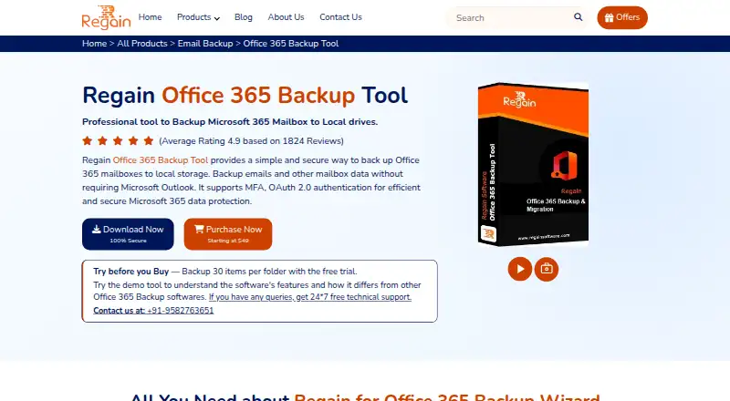 Regain Office 365 Email Backup Tool's website