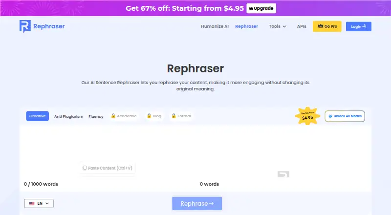 The Rephraser.co homepage