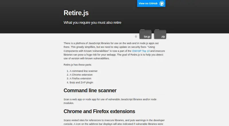 The Retire.js homepage