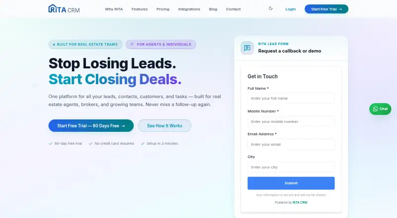 The RiTA CRM homepage